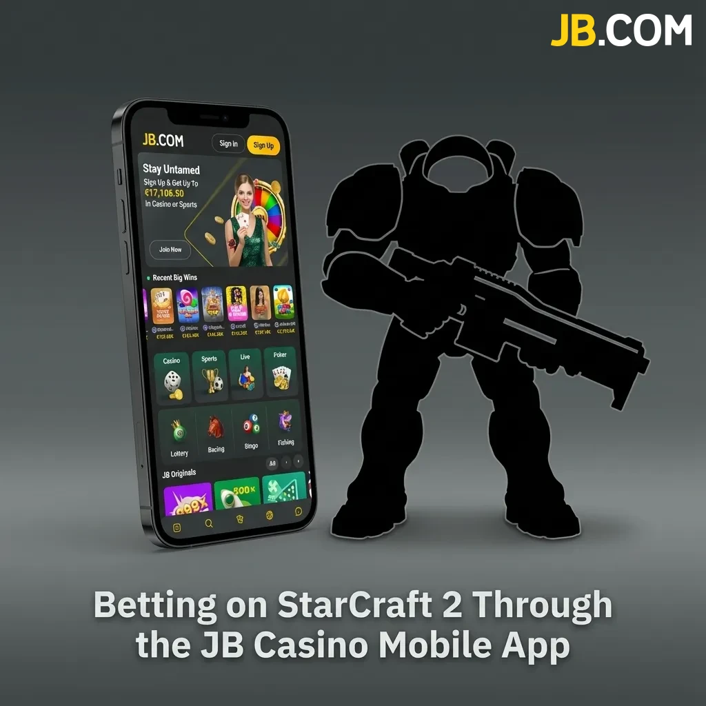Mobile app interface showing StarCraft 2 betting markets with match listings and bet placement options on JB Casino platform