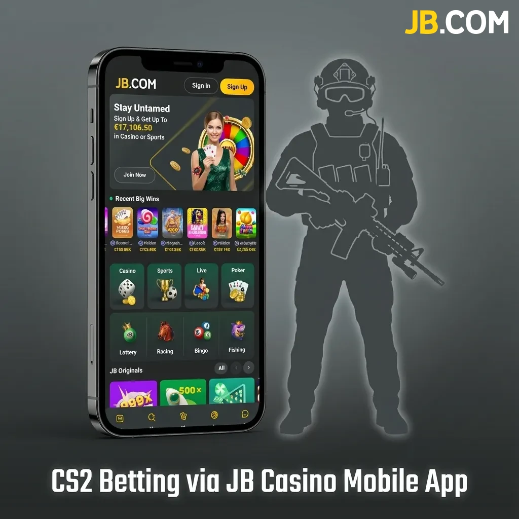 JB Casino mobile app interface showing CS2 betting options with live match statistics and betting markets on smartphone