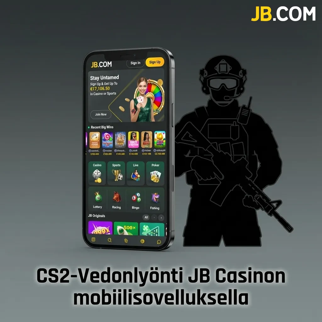 CS2 esports betting interface on JB Casino mobile app showing game selection and betting options