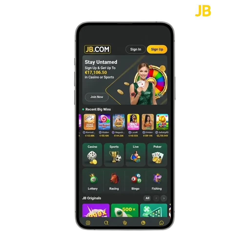 JB Casino mobile app download page showing Android APK and iOS options with welcome bonus offer