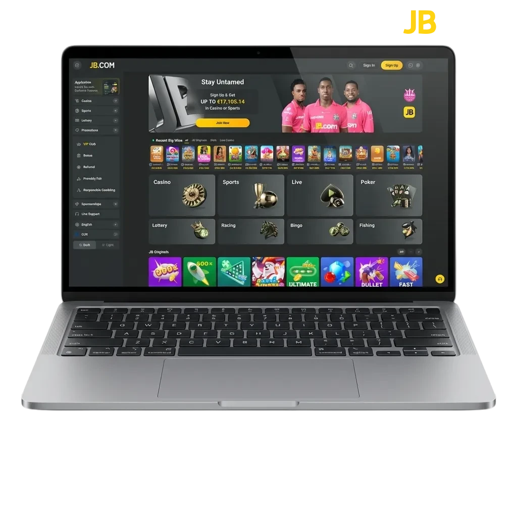 JB Casino desktop app interface showing live casino tables, roulette, slots and table games on PC screen