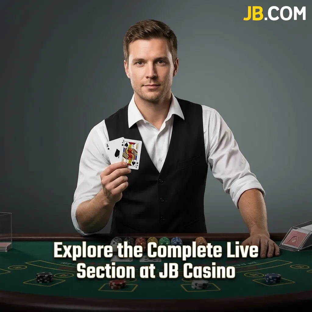 Live casino gaming interface showing roulette, blackjack, and baccarat tables with professional dealers at JB Casino