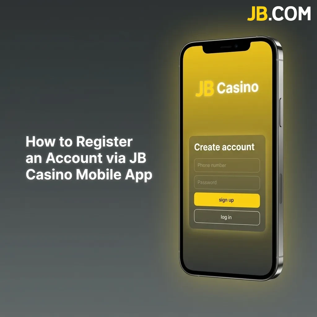 JB Casino mobile app registration screen showing sign-up form with fields for personal details and password