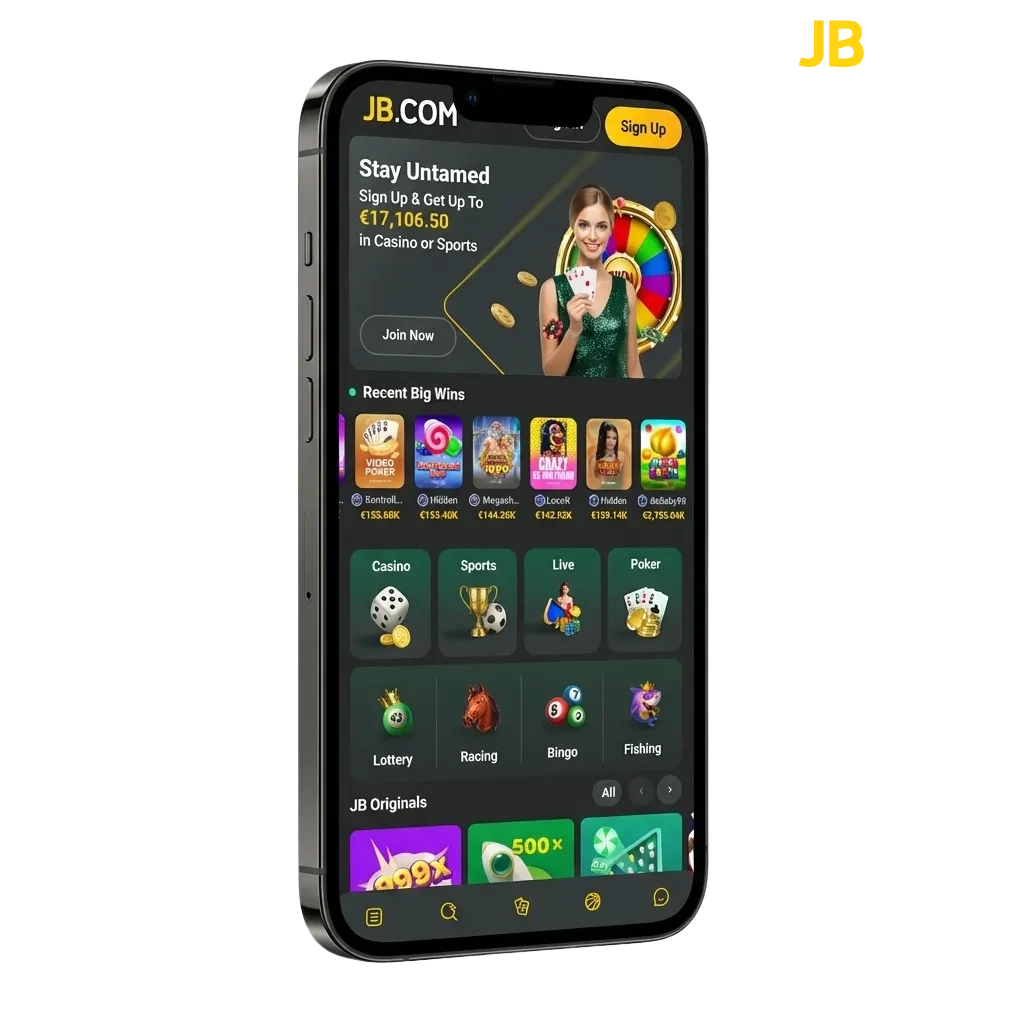 JB Casino iOS app interface showing casino games and sports betting options for Finnish players on iPhone