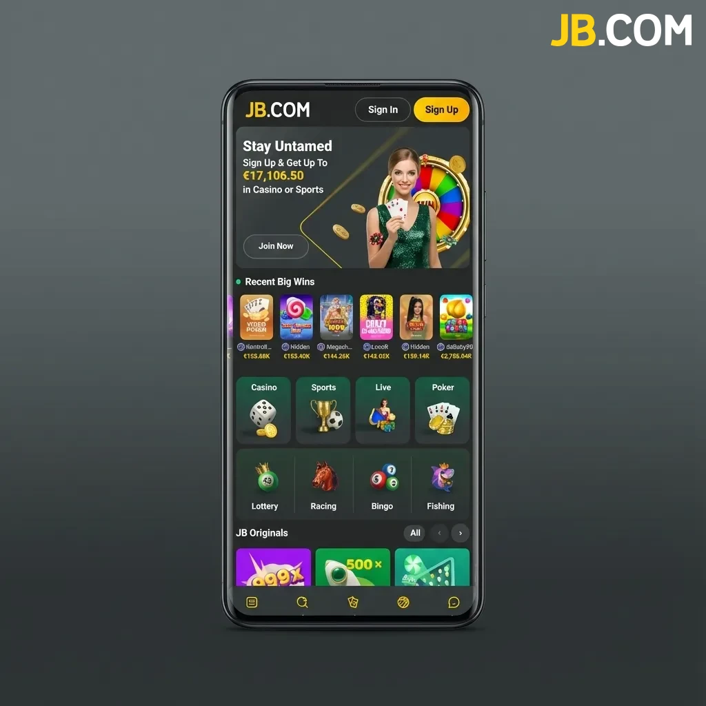 JB Casino mobile app showing dark mode interface with bottom navigation menu for sports, casino games, and account options
