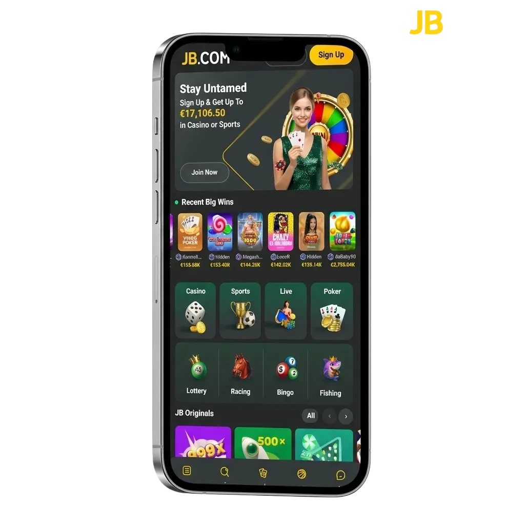 JB Casino -mobiilisovellus iOS-laitteelle, jossa kasinopelejä, urheiluvetoja ja suomalaisia maksutapoja