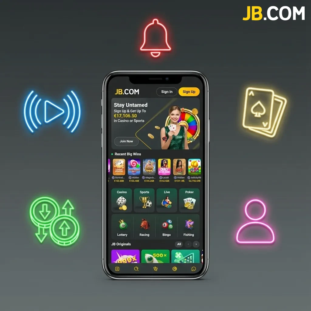 Mobile betting platform showing live markets, casino games, payment options, and account management features