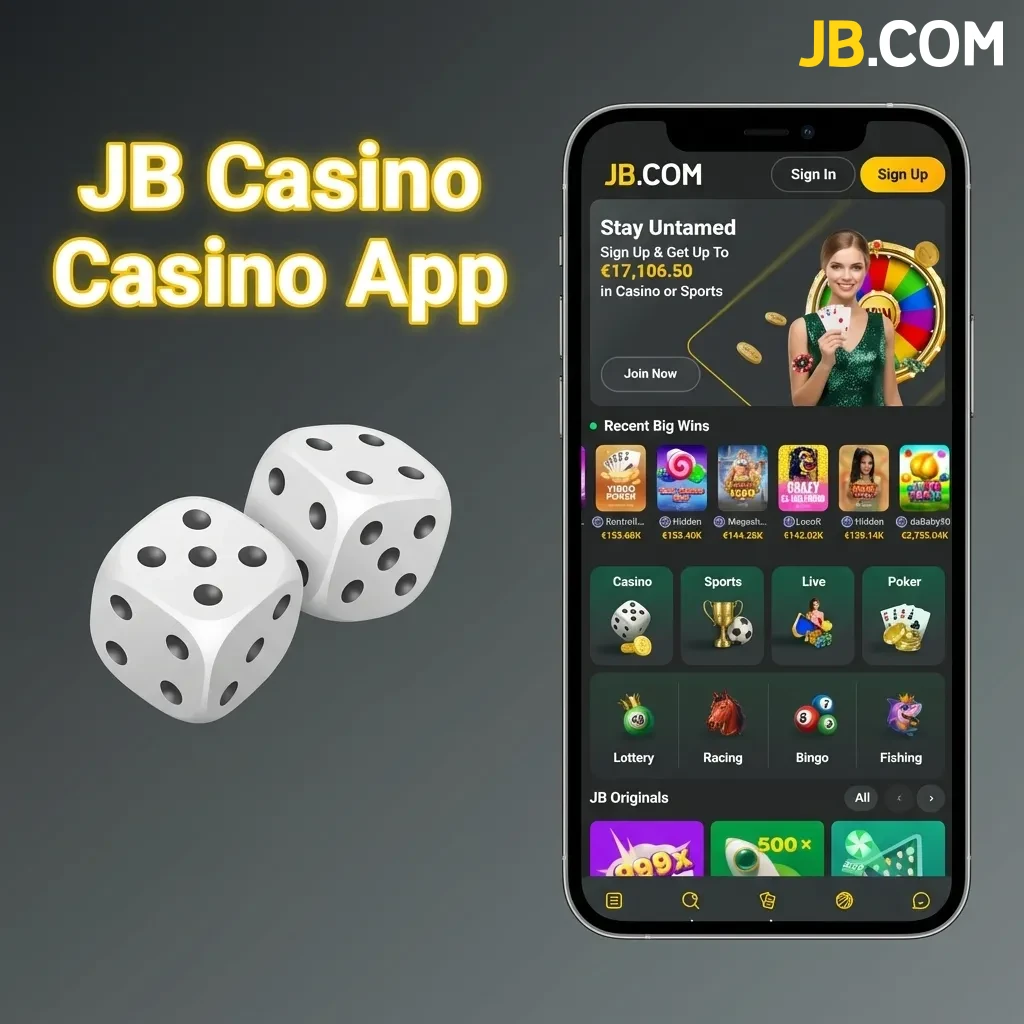 JB Casino app interface showing casino games, live dealer options, and easy navigation between sports betting and casino sections.