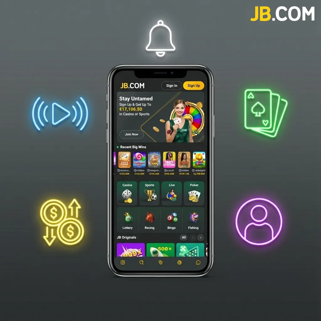 JB Casino mobile app features including local payments, EUR support, welcome bonus, games, and 24/7 support