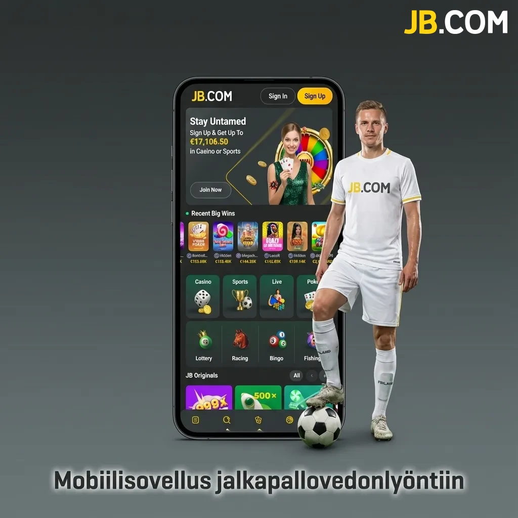 JB Casino mobile app interface showing football betting options on smartphone with Android and iOS compatibility