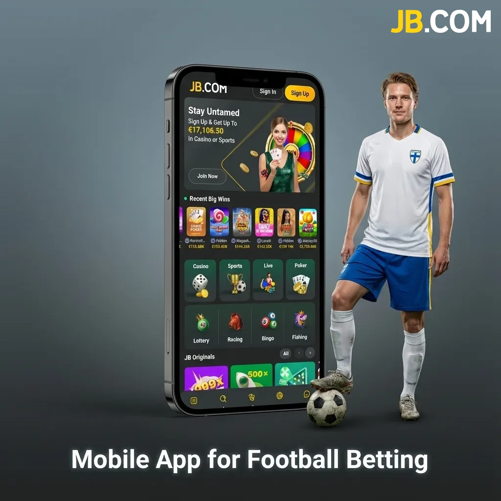 JB Casino mobile app interface showing football betting markets on smartphone with live scores and bet slip