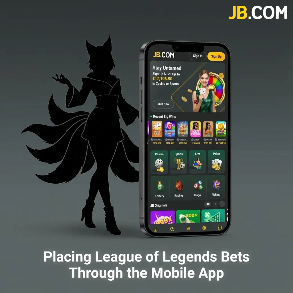 Mobile user placing League of Legends esports bet on JB Casino app showing match selection and betting markets interface