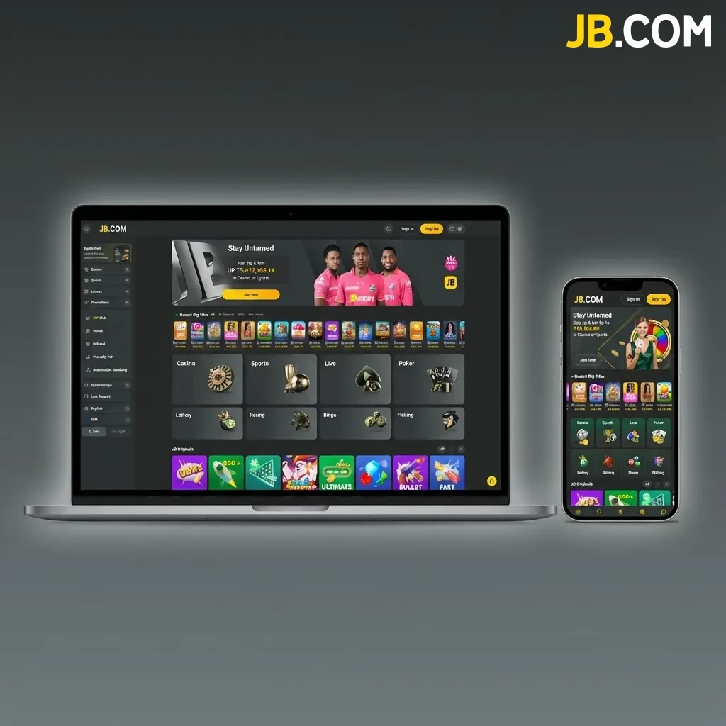 JB Casino -sivuston yläpalkki näyttää navigointivalikot urheiluvedonlyöntiin, kasinoon ja käyttäjätiliin