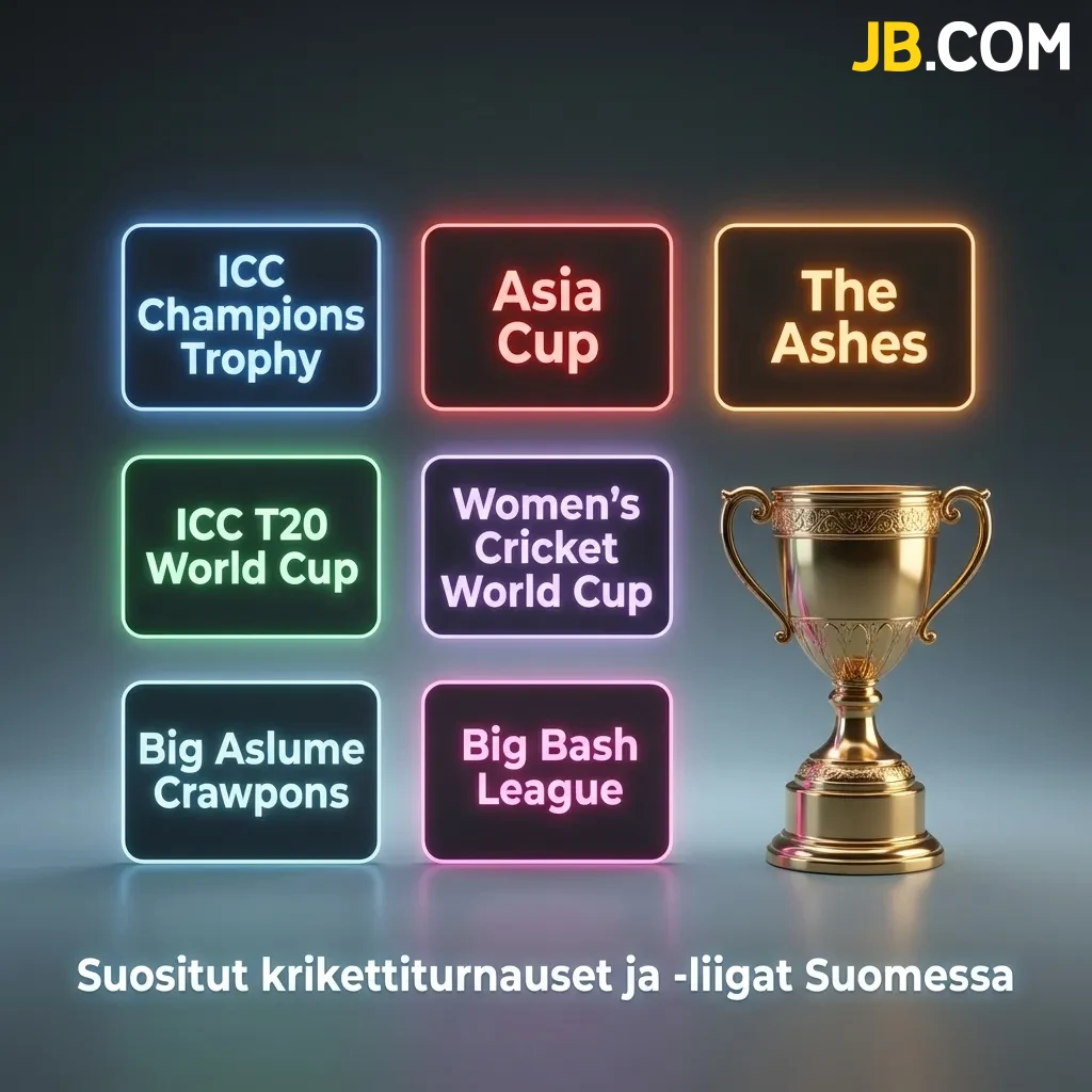 JB Casino cricket tournaments banner showing ICC World Cup, T20, IPL and The Ashes betting options in Finland