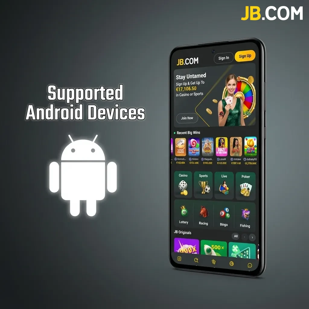 List of compatible Android smartphones including Samsung Galaxy, Google Pixel, OnePlus, and other models for JB Casino app