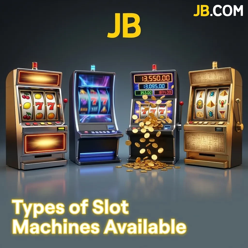 Colorful array of slot machine types including classic reels, video slots, and progressive jackpot games