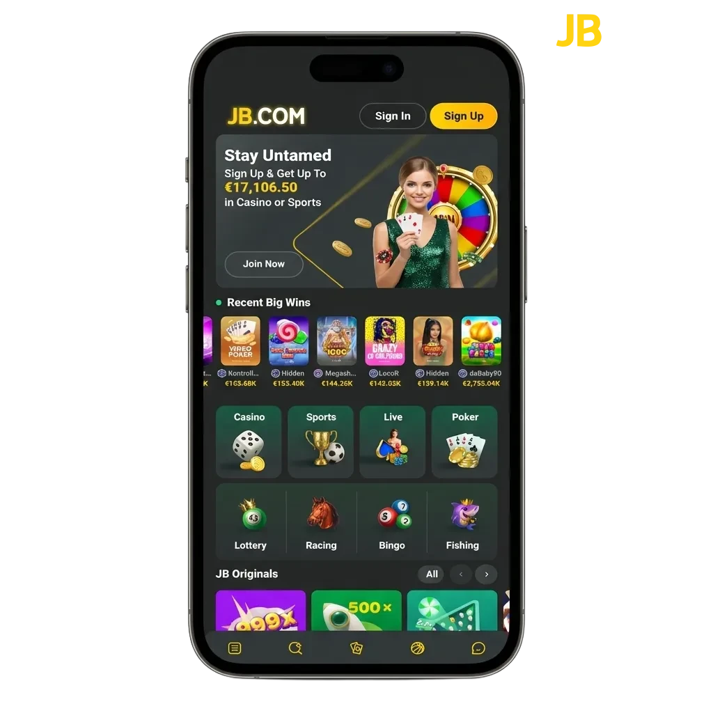 JB Casino mobile app download page for Android APK and iOS, featuring casino games and welcome bonus up to 17,160 EUR