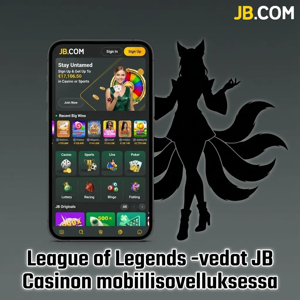 JB Casino mobile app interface showing League of Legends esports live betting options and real-time odds display