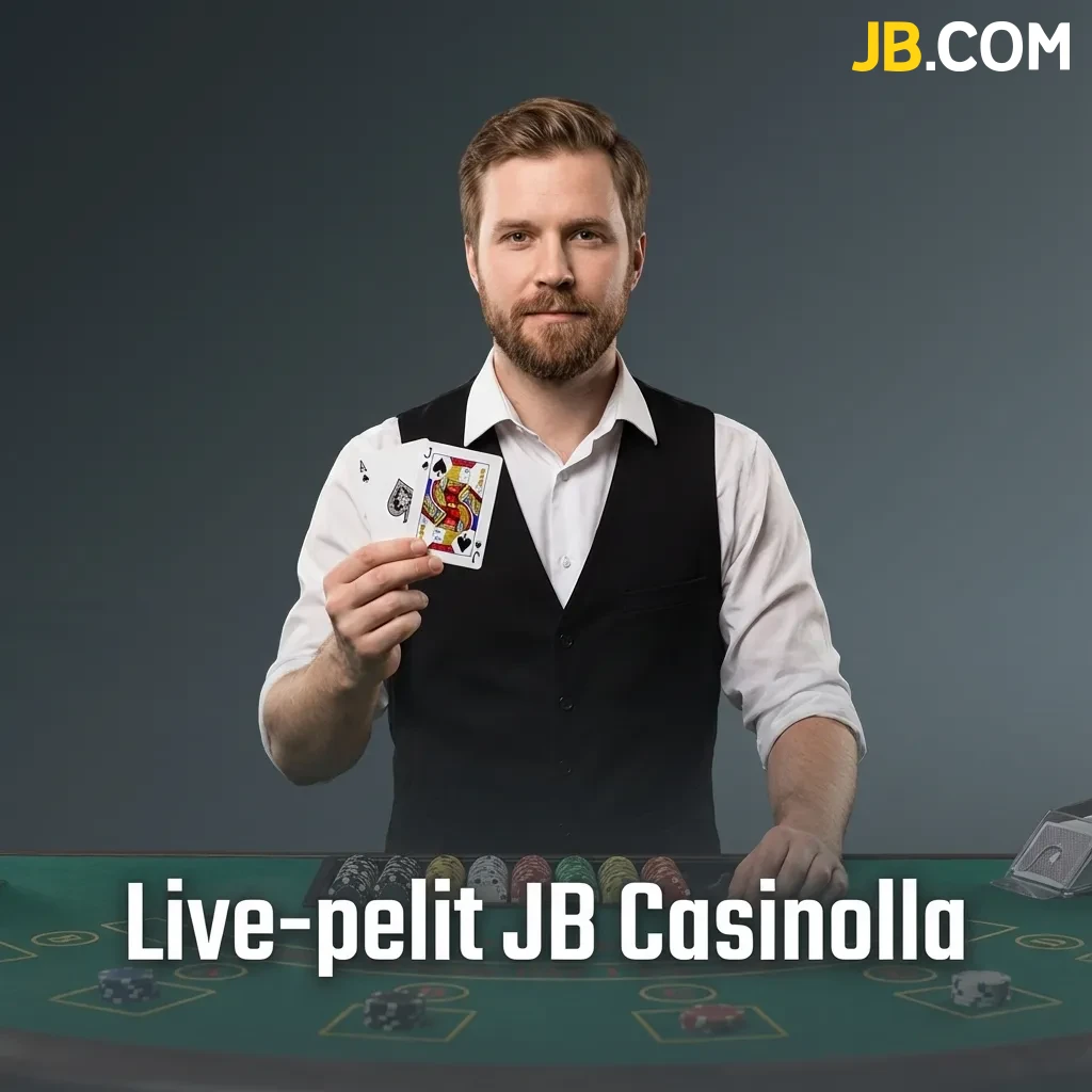 Live casino dealers at gaming tables with roulette wheel, cards, and interactive game show elements at JB Casino