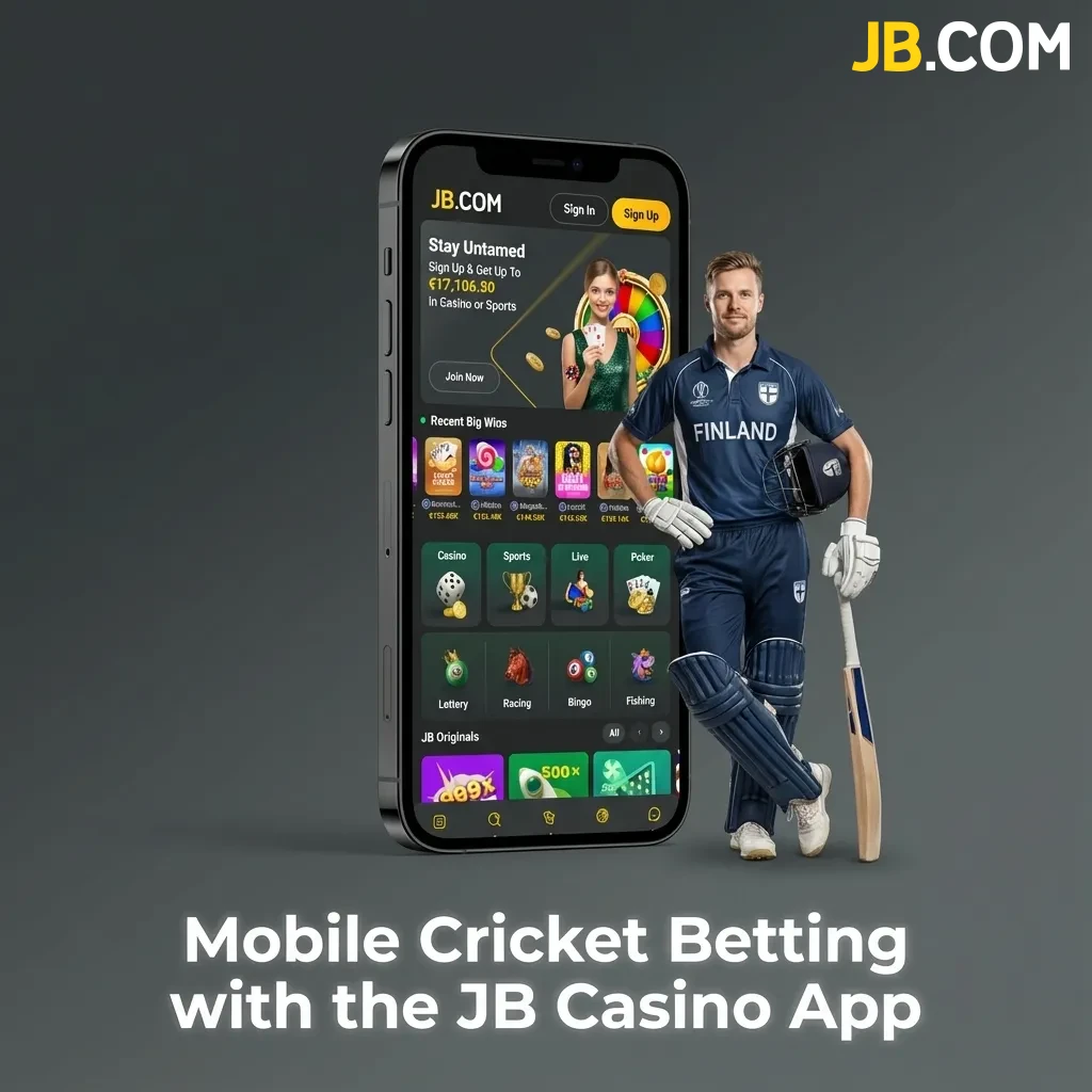 Mobile phone displaying JB Casino cricket betting app interface with sports menu and betting options