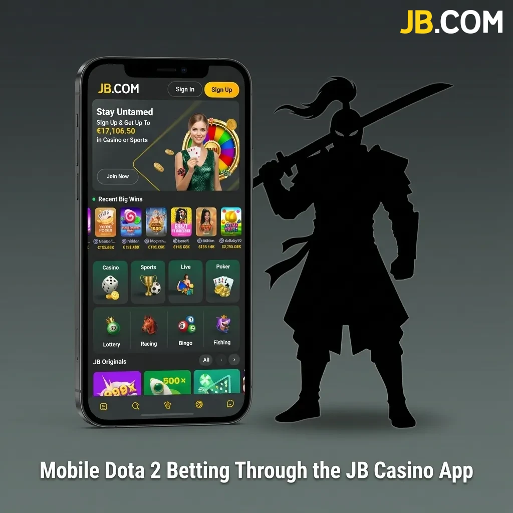 JB Casino mobile app interface showing Dota 2 esports betting options and tournament matches on smartphone screen