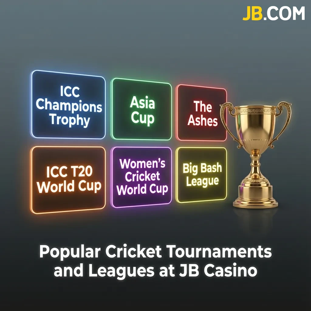 Cricket betting at JB Casino featuring World Cup, T20, Ashes, and IPL tournaments with live odds and markets