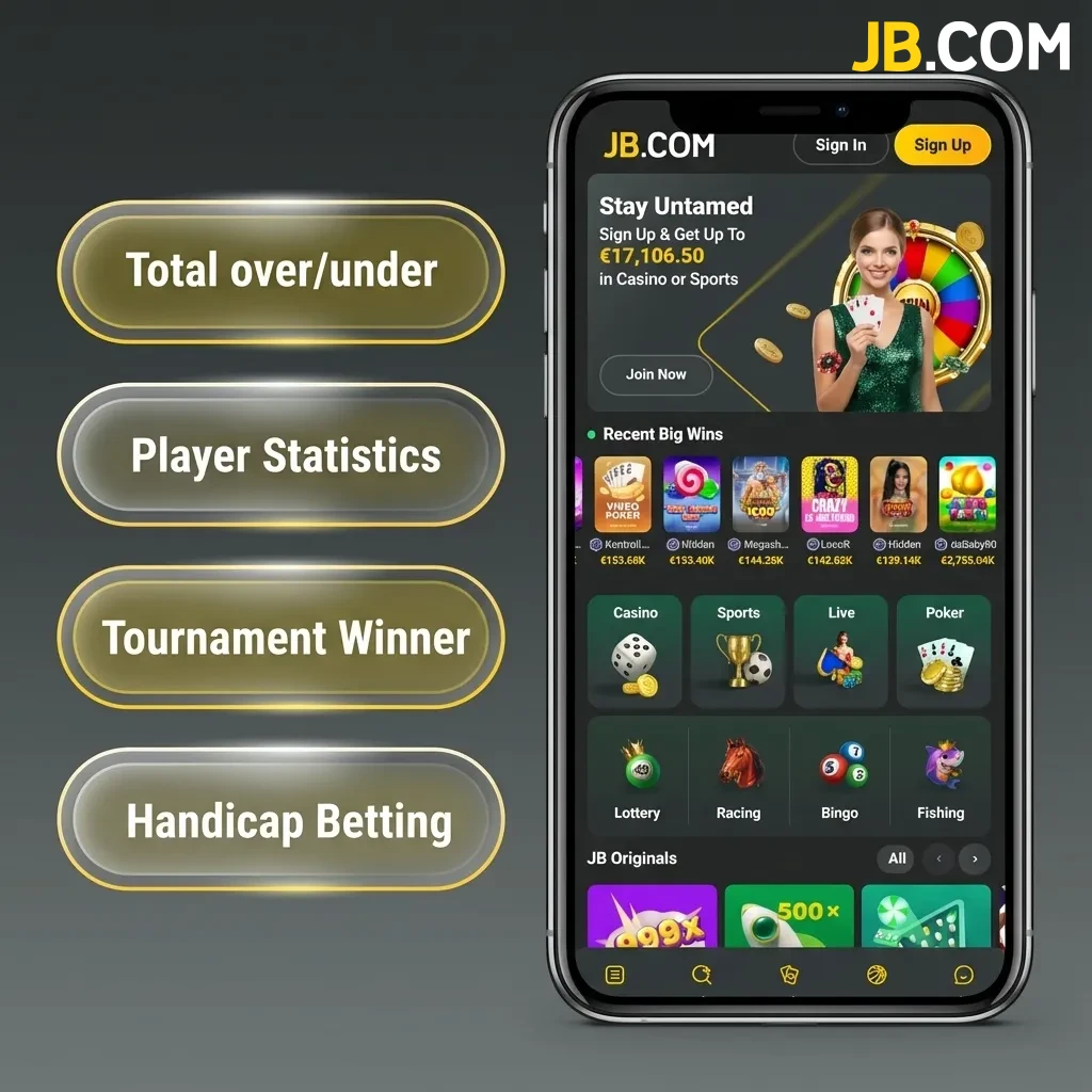 JB Casino app betting options including single bets, accumulators, trebles, system bets, and handicap wagers displayed.