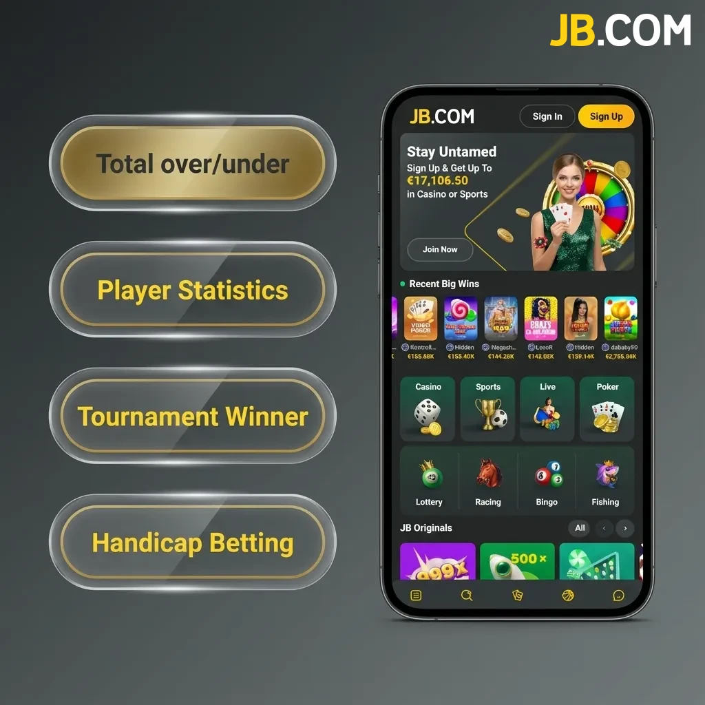 JB Casino app bet types: single, accumulator, system, line, and over/under betting options displayed.