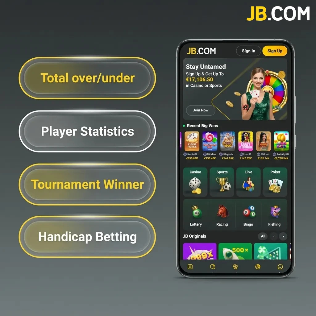JB Casino app betting types interface showing single bets, combo bets, system bets, live betting, and long-term bets options