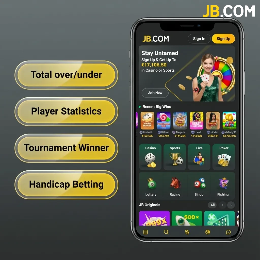 JB Casino app betting types including single bets, triples, accumulators, line betting, and live betting options