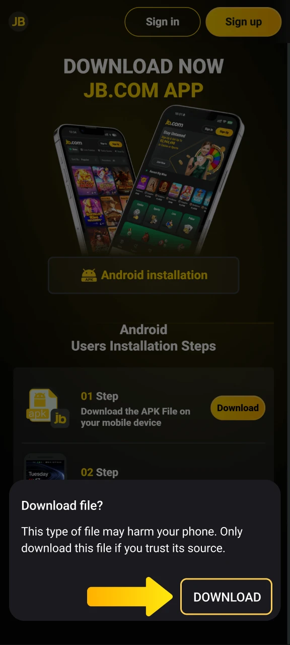 Agree to the JB Casino download in the pop-up by accepting the prompt on your screen.