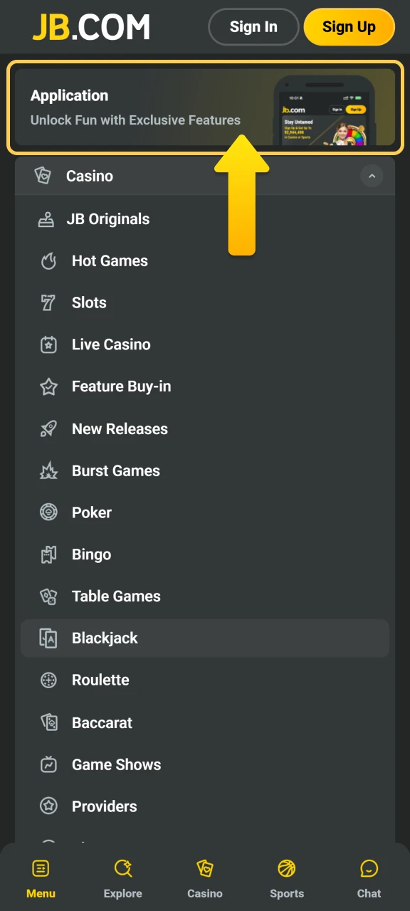 Click the JB Casino app button to navigate to the official mobile download page.