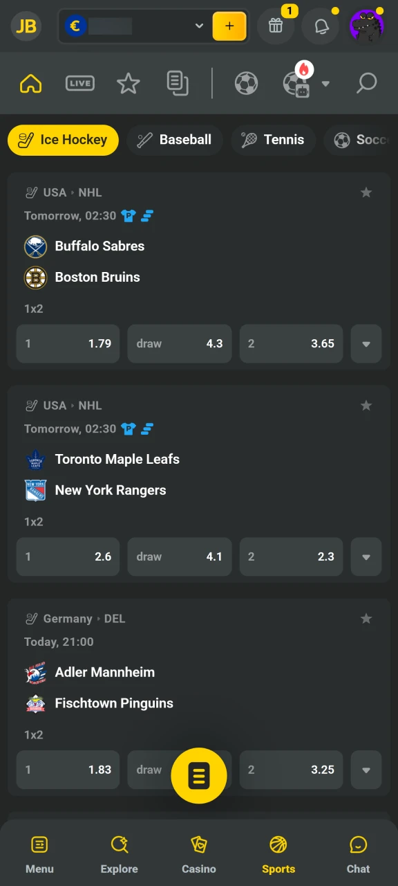 Browse available JB Casino sports markets or use the search function to find specific matches.