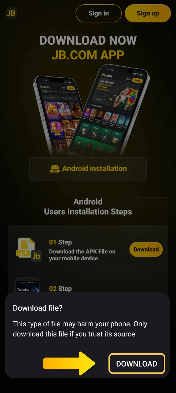 Download the JB Casino APK file directly to your Android device for a secure installation.
