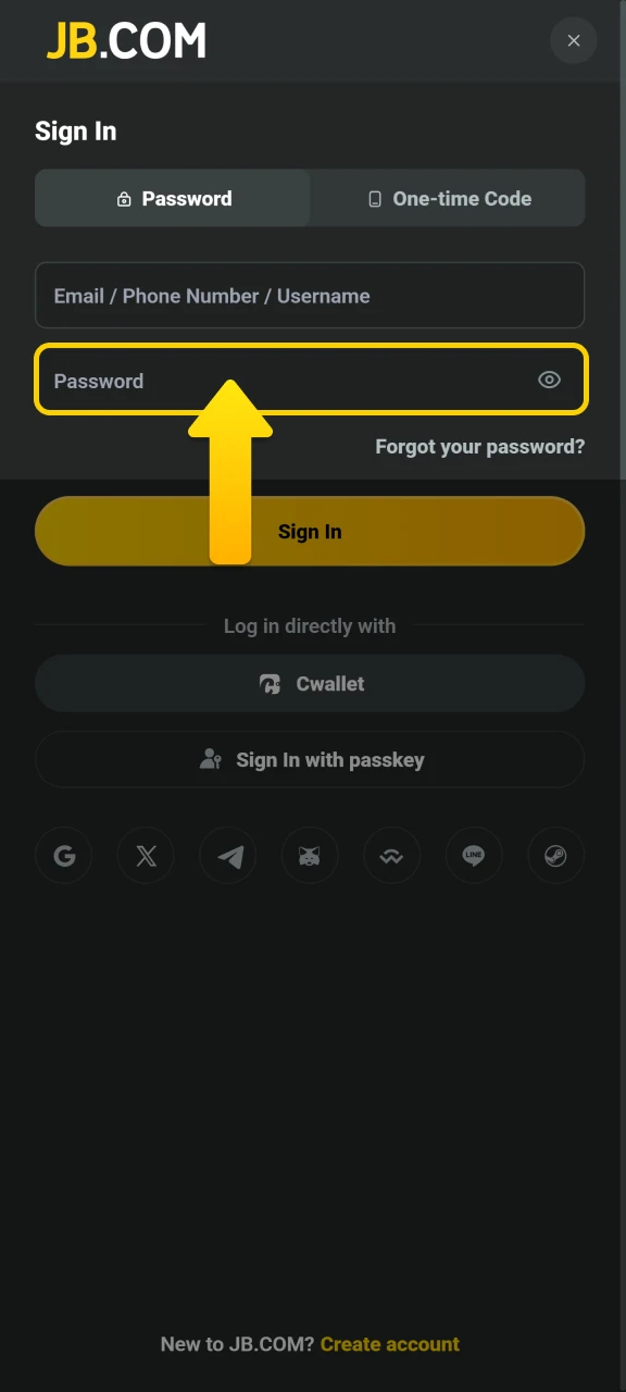 Enter your password in the second field and use the JB Casino eye icon to verify your entry.