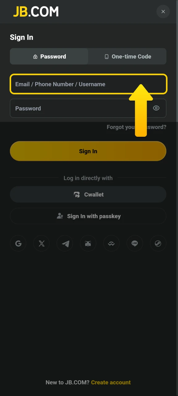 Enter your registered email address in the first field of the JB Casino login menu.