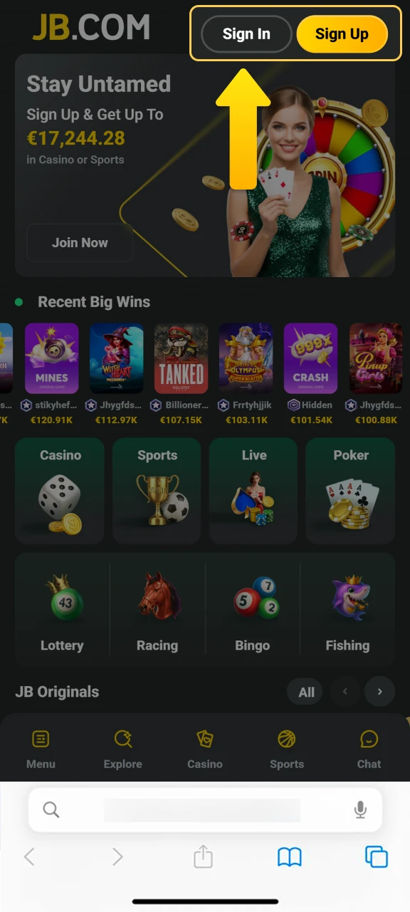 Log in or sign up for a JB Casino account to access the mobile version of the platform.