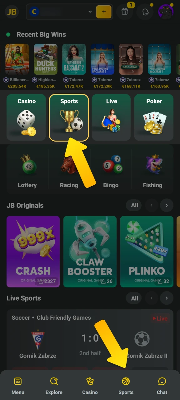 Open the JB Casino app and navigate to the sports section from the intuitive bottom menu.