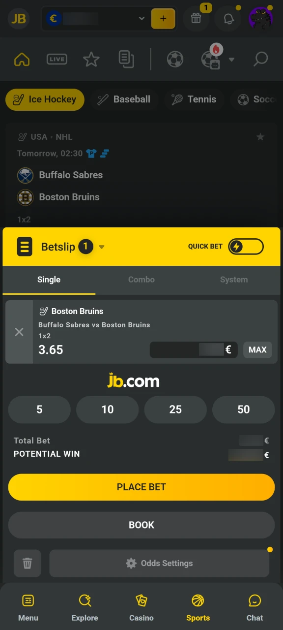 Enter your stake amount and tap the JB Casino place bet button to confirm your wager.