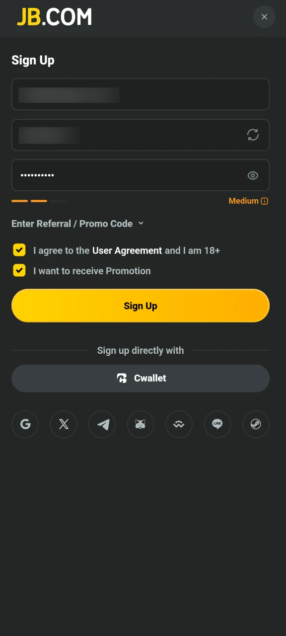 Fill in your details to create a new JB Casino player profile.