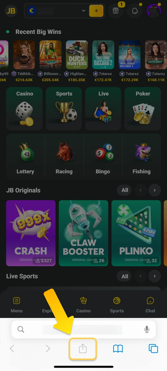 Click the share button in your Safari browser to open the JB Casino web app options.