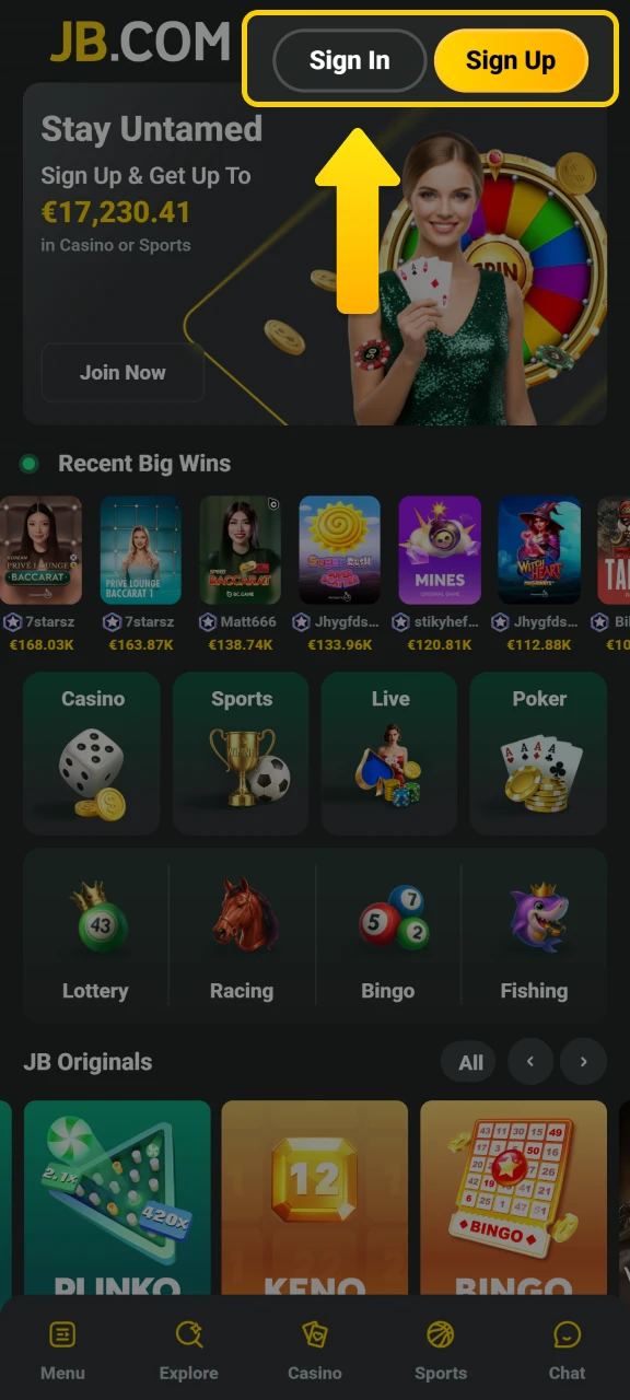 Tap the JB Casino log in button on the welcome screen to open the access form.