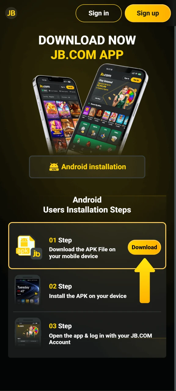 Click the JB Casino download button to begin downloading the APK file to your Android device.