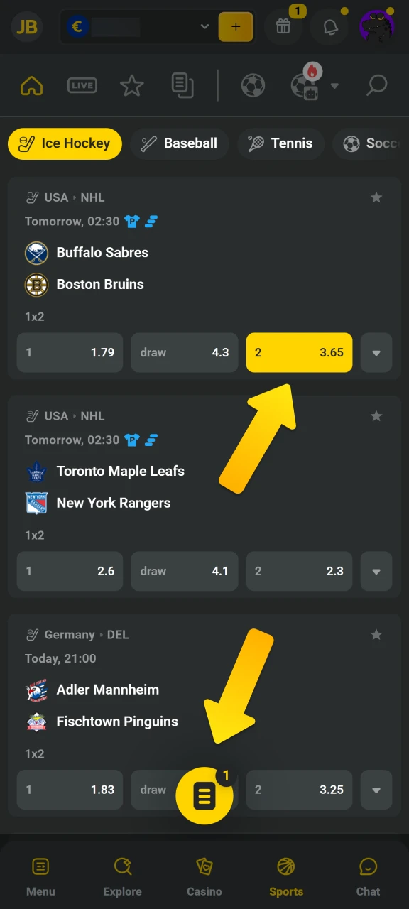 Tap on the odds to add selections to your JB Casino bet slip at the bottom of the screen.