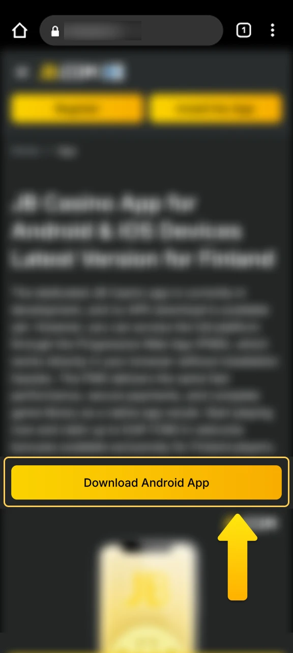 Tap the button to initiate the JB Casino setup on Android.