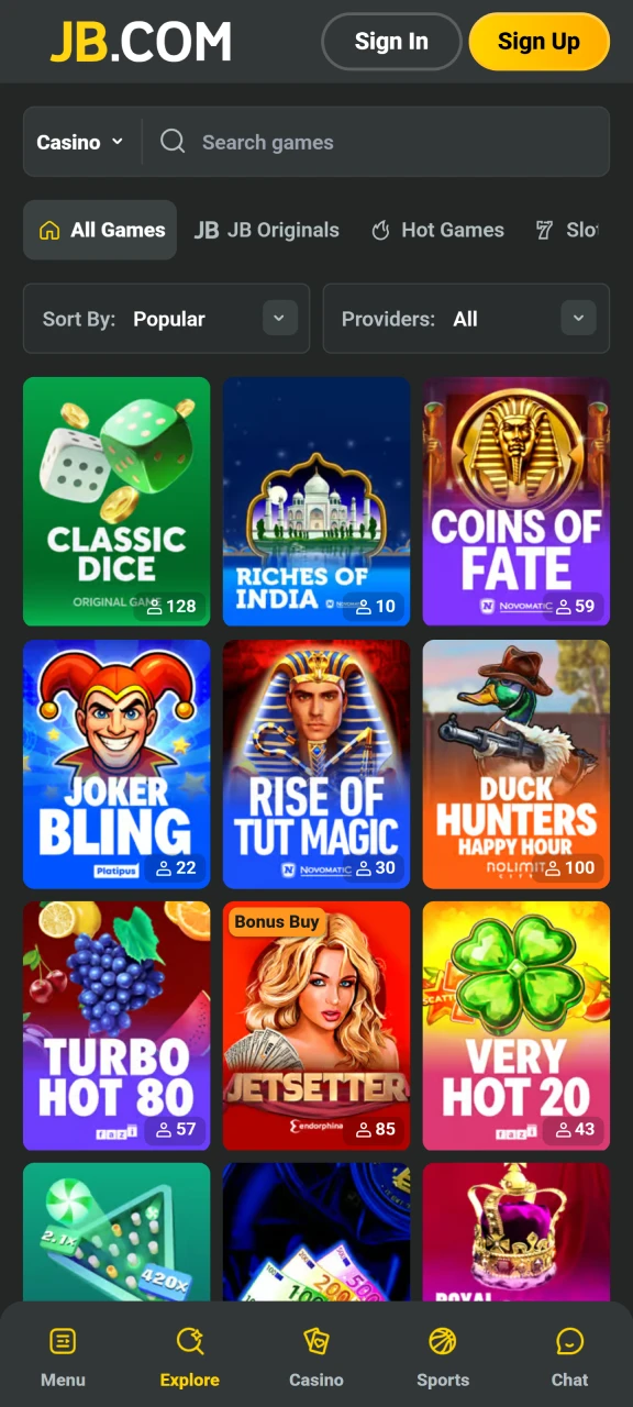 Visit the JB Casino casino explore section to discover the newest slots and table games.