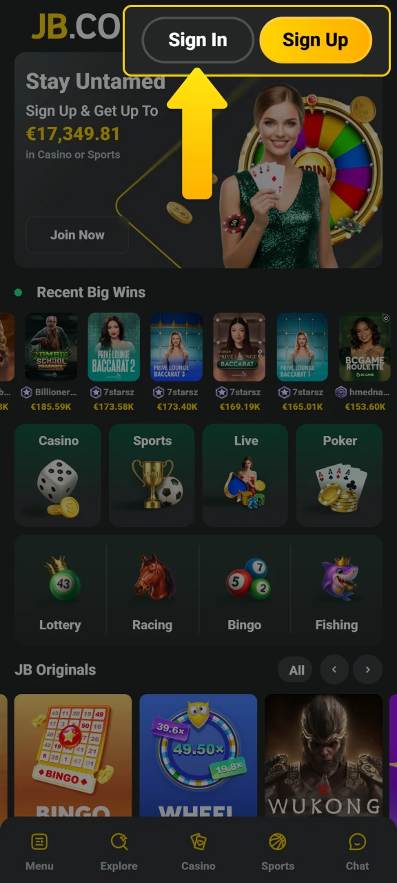 Log in to your personal profile at JB Casino to initiate a withdrawal.