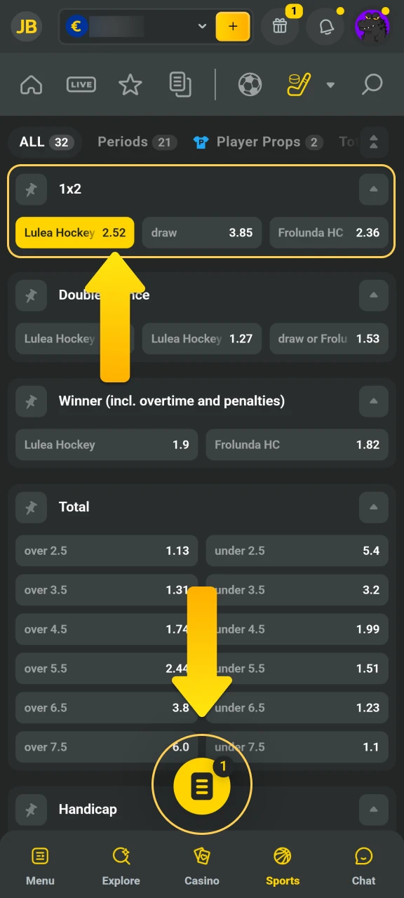 Set your preferred wager type using the JB Casino odds.
