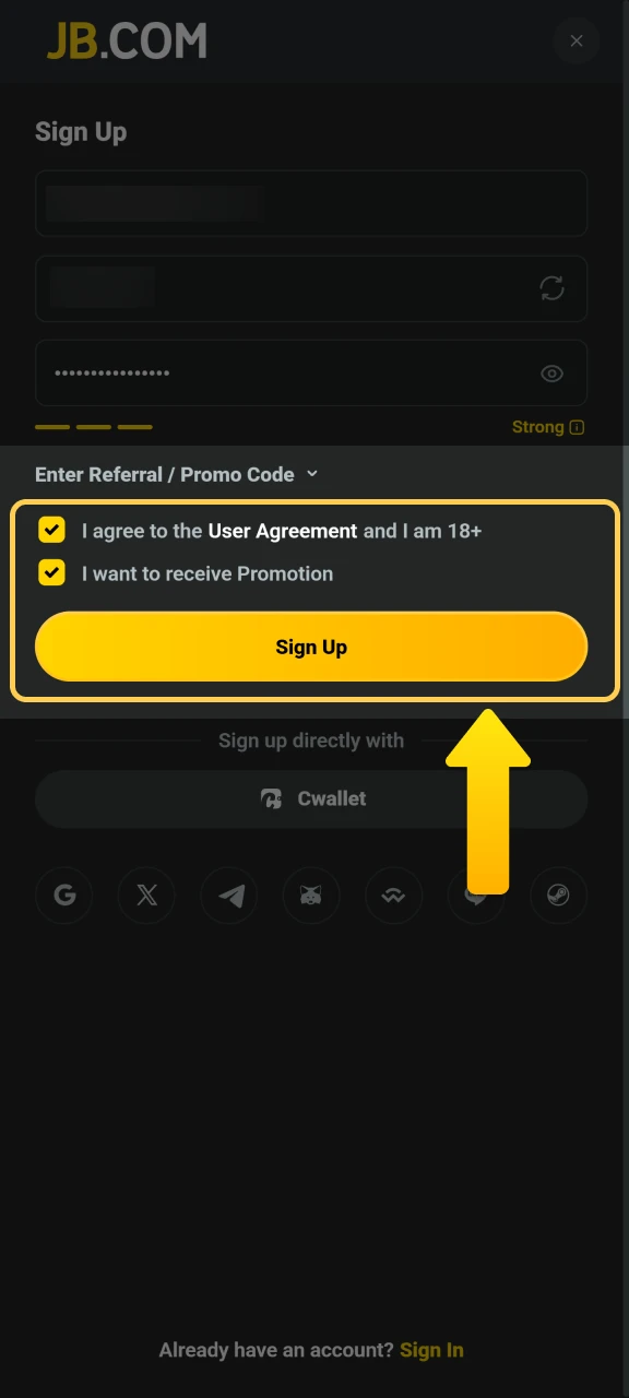 Complete the JB Casino registration by accepting the terms and conditions to activate your account.