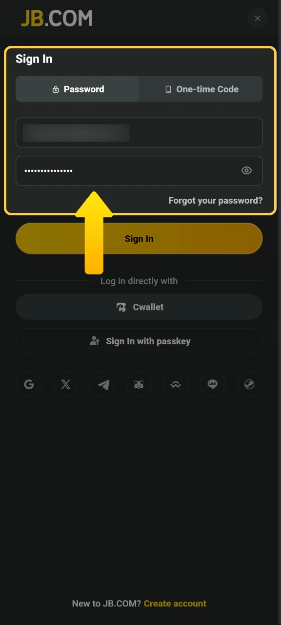 Input your personal login details into the JB Casino form.